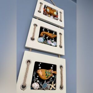 Handcrafted Cream Triple Panel Fish Wall Art with Accents